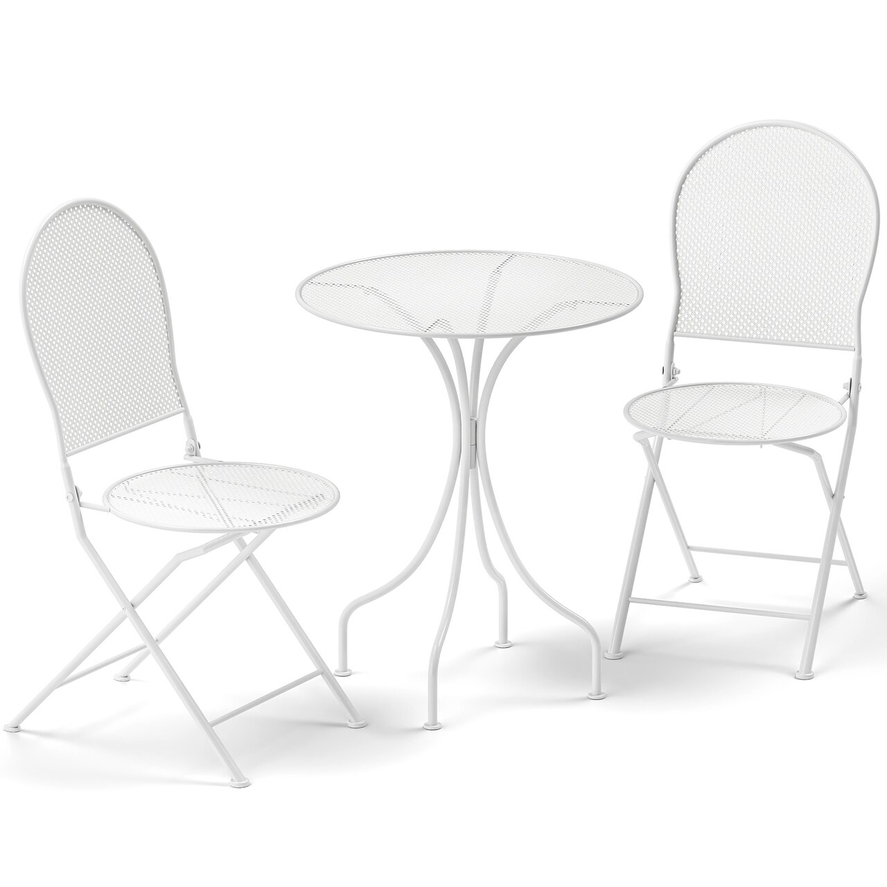 3-Piece Metal Bistro Set with Folding Chairs White Rattan-Style Patio Dining Set for Garden